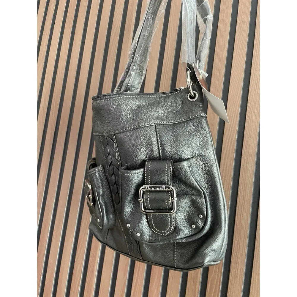 NWT Tignanello Gray Pebbled Leather Hobo Shoulder Bag Braided Buckle Pocket Y2K